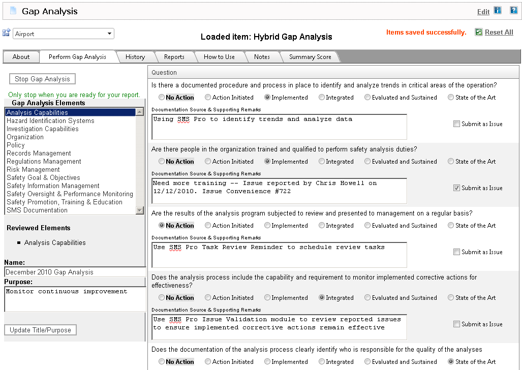 Free Gap Analysis Tools are included in SMS Pro for Safety Gap Analysis using the FAA ICAO IS-BAO Gap Analysis Checklist items.